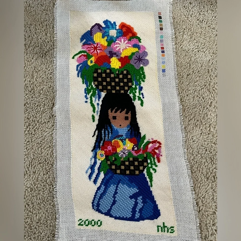 Colorful Floral Needlepoint Artwork Vintage FINISHED AND UNFRAMED 9.5”x 20”